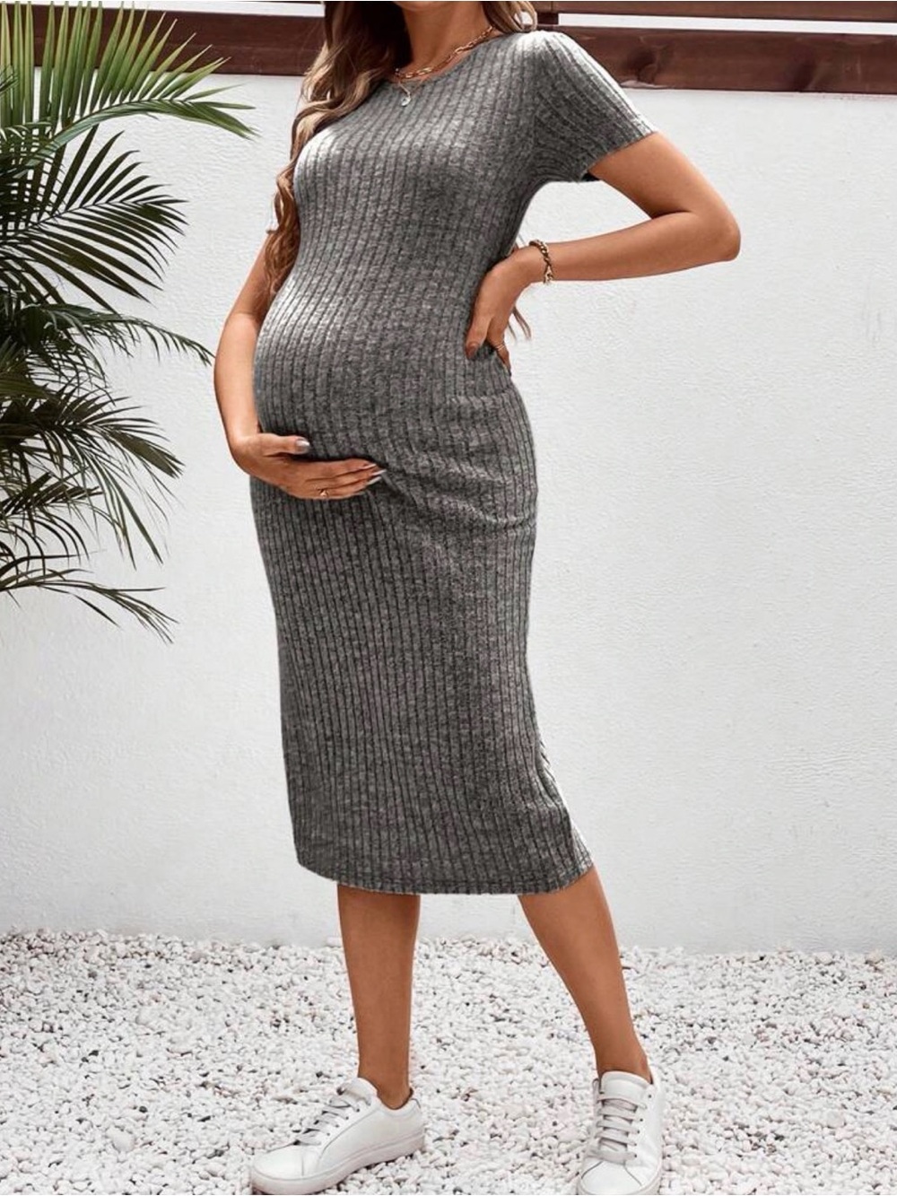 Ribbed Knit Maternity Midi Dress - Gray